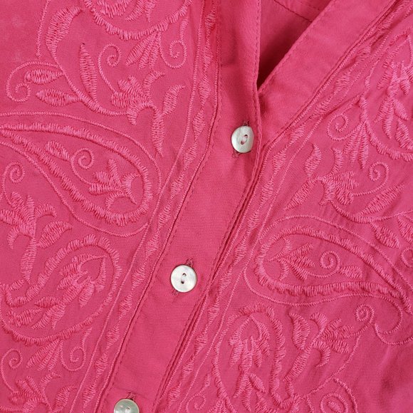 Chico's Women's Coral Pink Embroidered Henley Style Button Down Shirt Top Blouse - Picture 6 of 13
